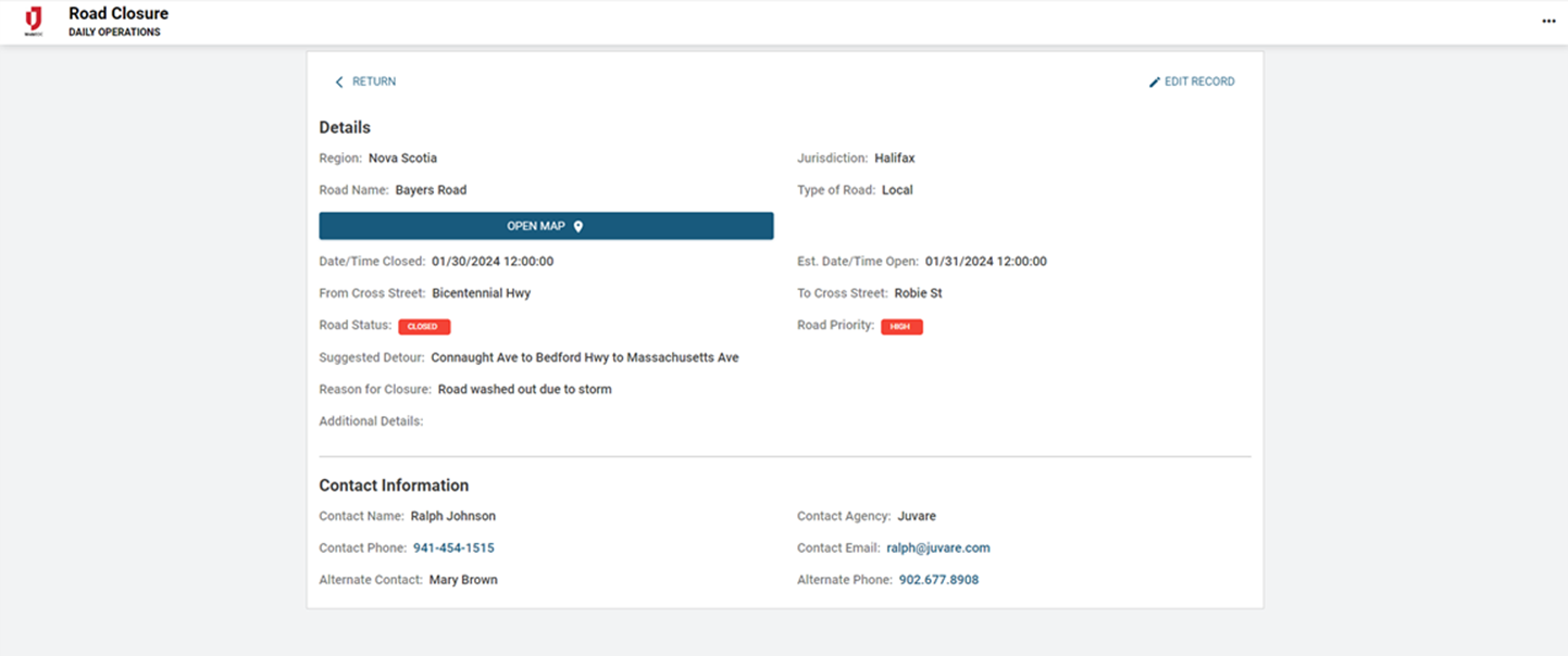 Road Closures Details view